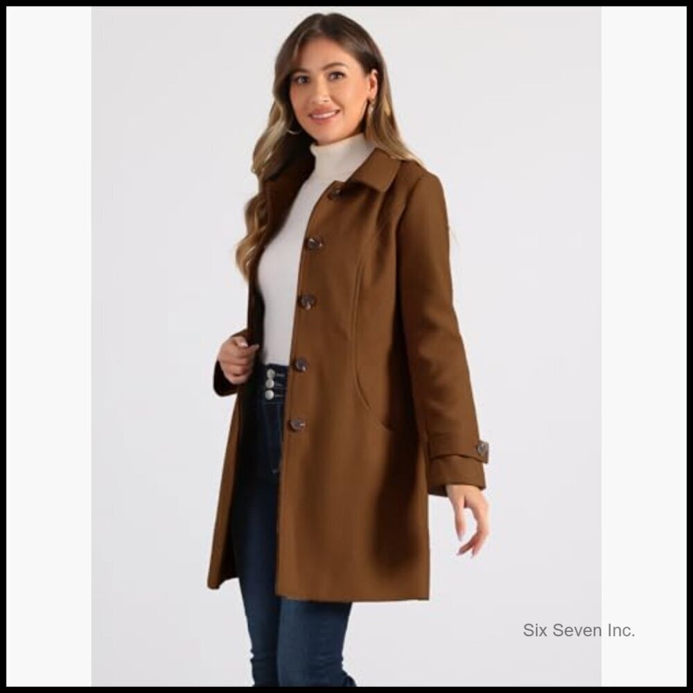 Polyester Blend Pea Coat with Fleece Lining, Peter Pan Collar, A-Line - Picture 3 of 5